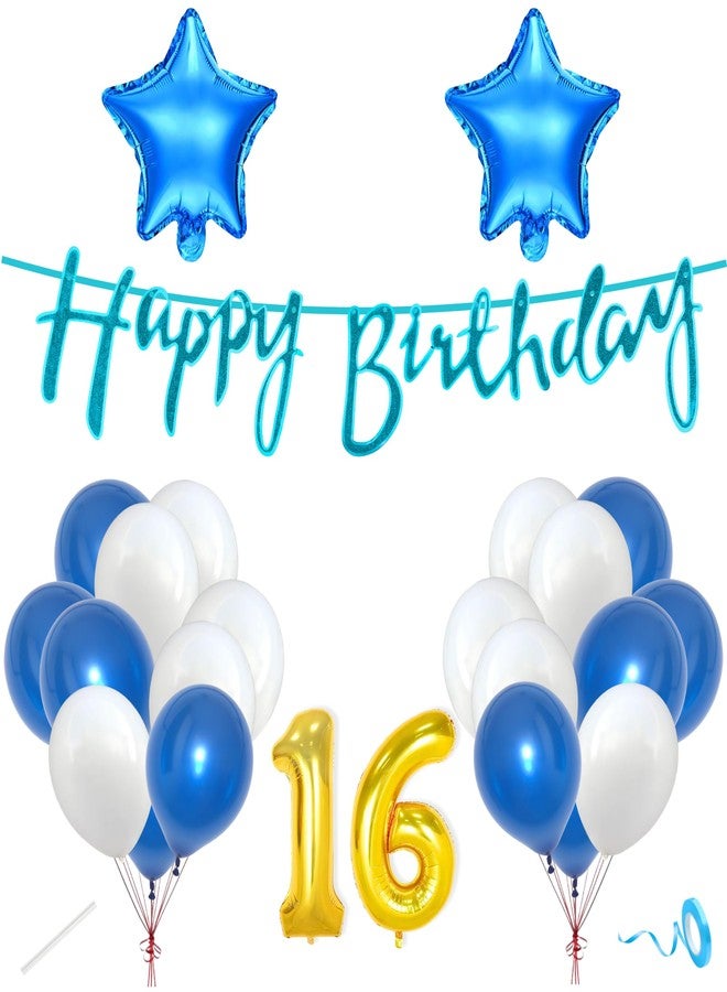 Flyloons 16th Happy Birthday Decoration Kit Blue White for Boys Girls Kids Twins Men Women With 20 Pcs Metallic Balloons Birthday Banner 2 Pcs Star Items Set - Image 1